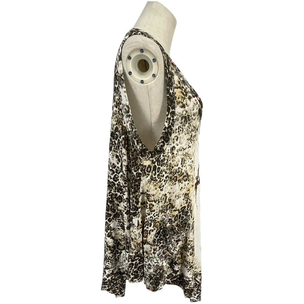 ALBERTO MAKALI Sleeveless V Neck Asymmetrical‎ Embellished Leopard Tunic Top XL - Picture 8 of 11